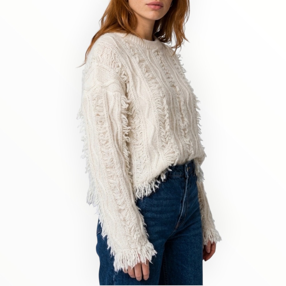 12th Tribe Sweater Women Large Cream Shaggy Cable Knit Fringed Boho